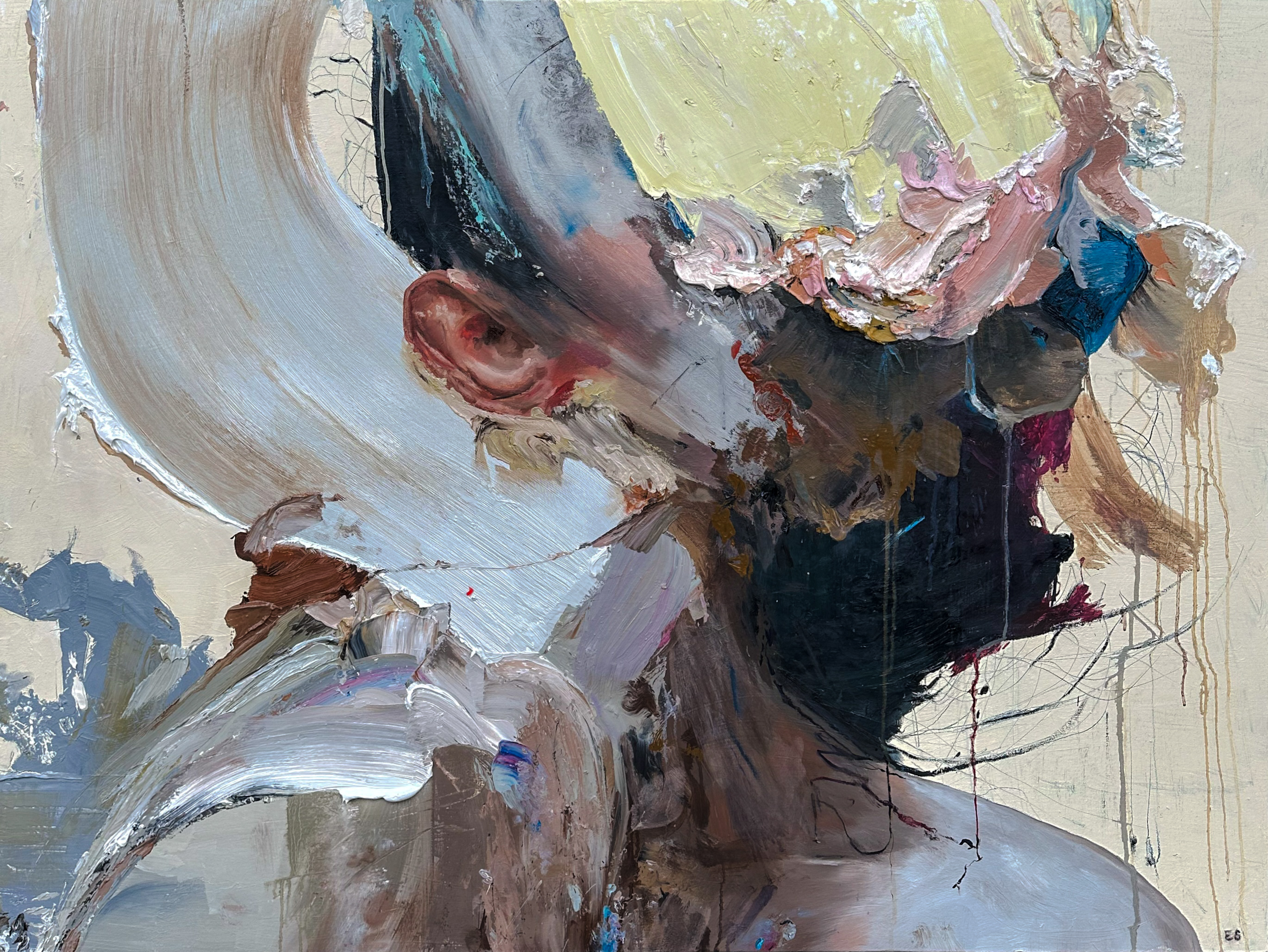 Compunction: a fragmented figure in pale yellow, white, pink, blue and dark gestural paint.
