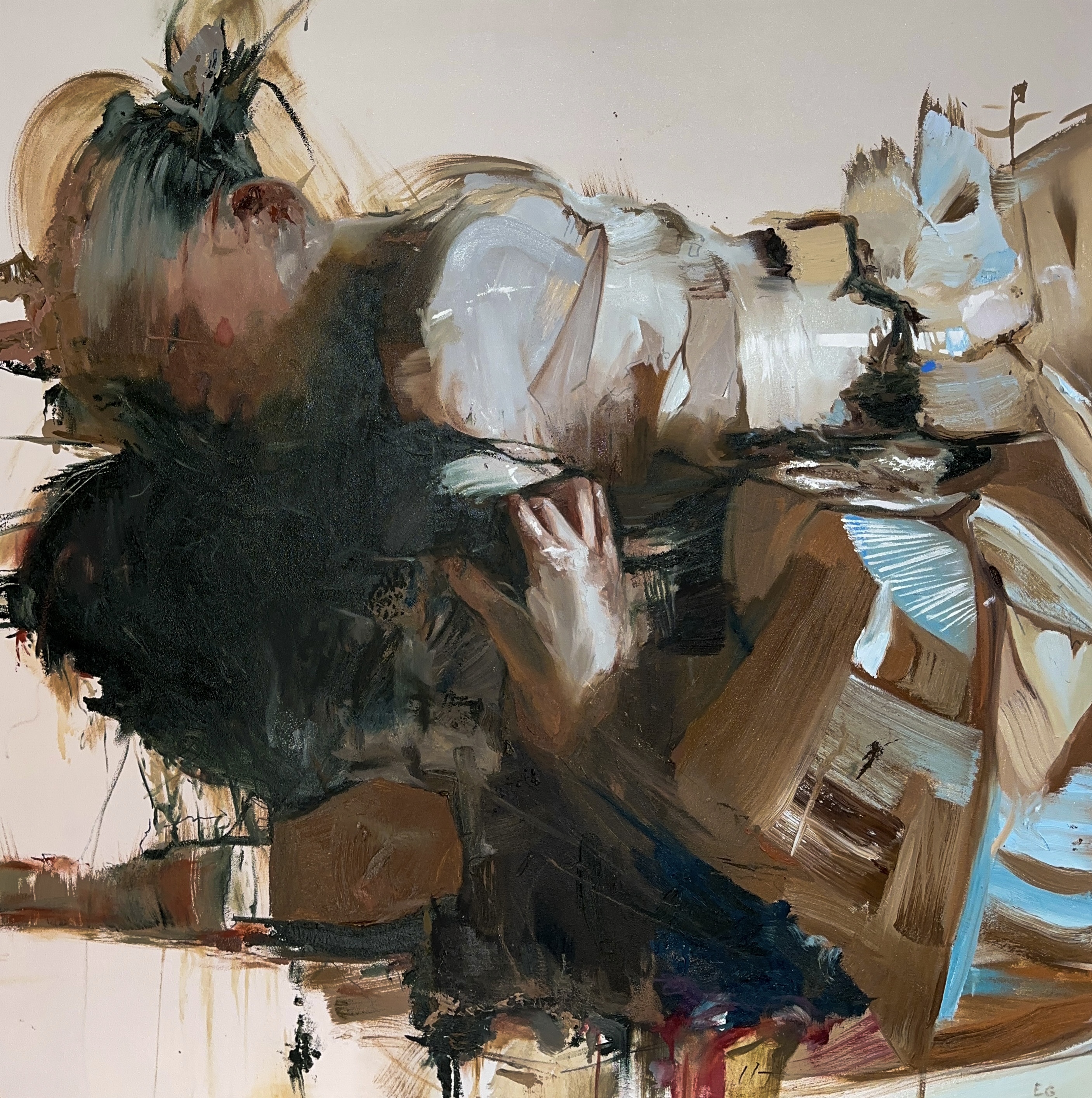 Dear Duress: a bent human figure emerging through dark green, ochre, pale blue and white brushwork.