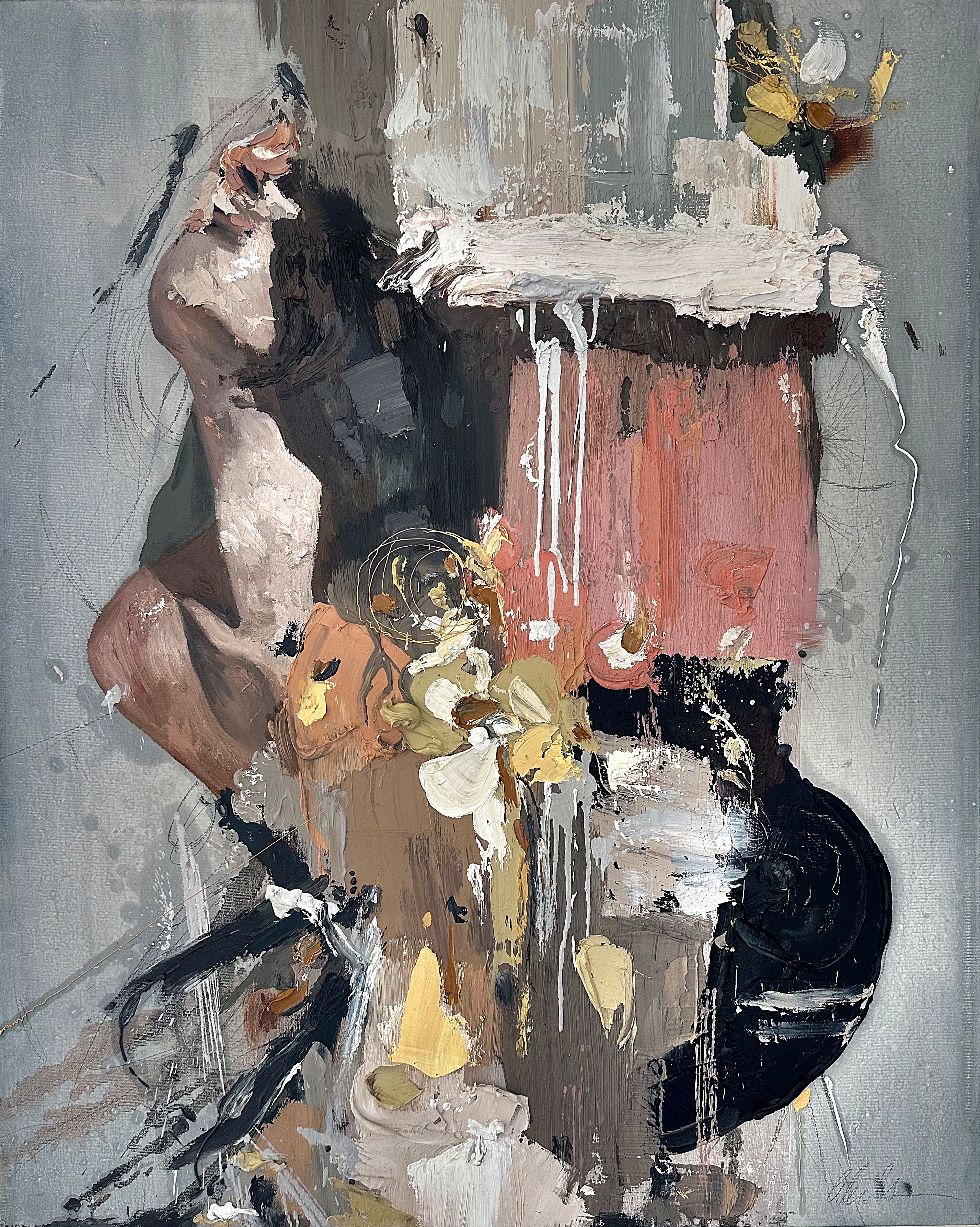 Deepening: an abstract figure layered with grey, pink, white and yellow paint.