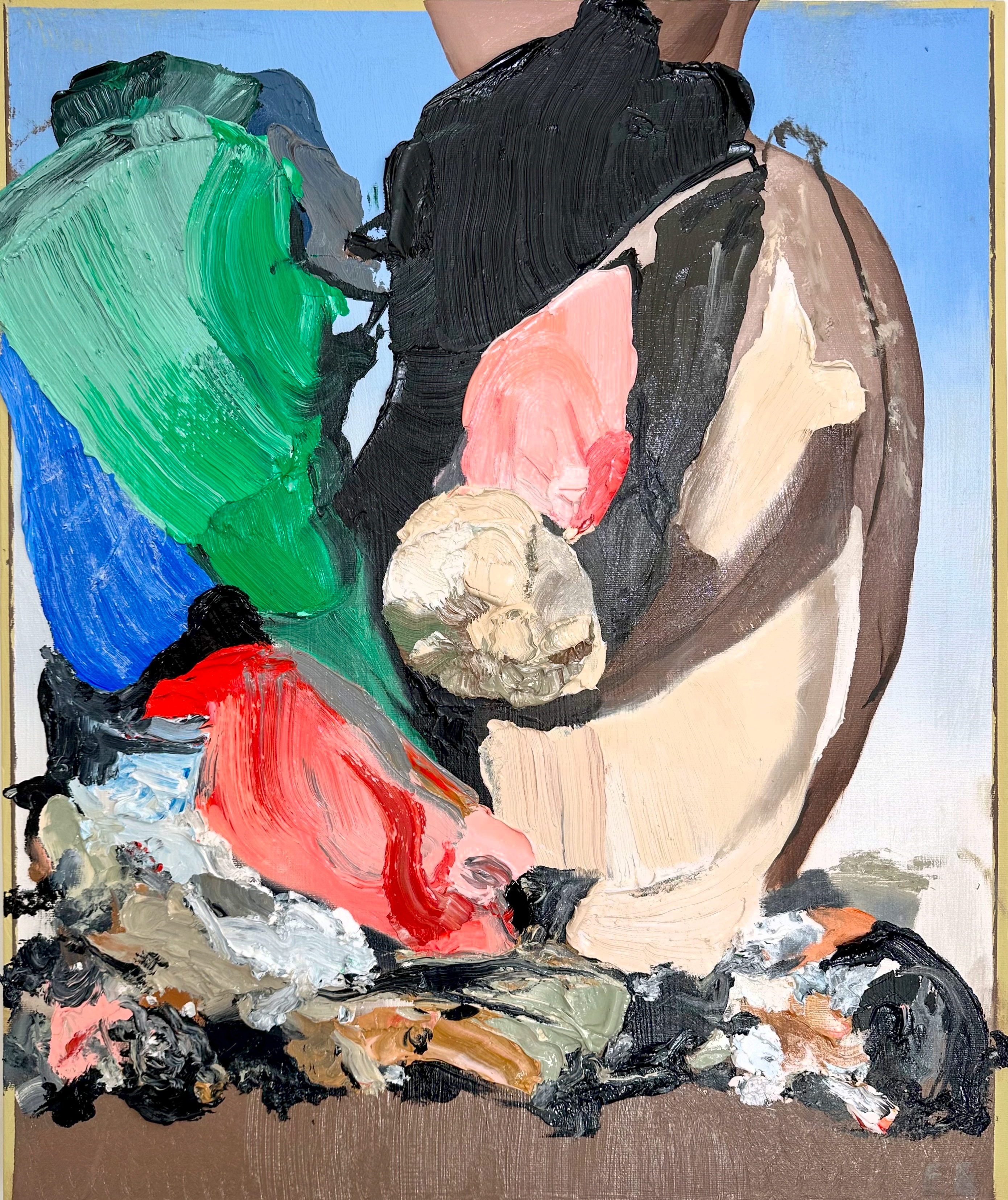 Fond Trespass: fragments of a human figure in green, blue, black, pink and cream, built with thick, sweeping brushwork.
