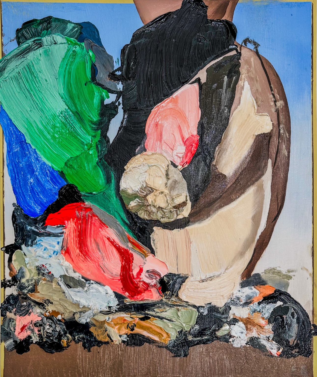 Fond Trespass: fragments of a human figure in green, blue, black, pink and cream, built with thick, sweeping brushwork.