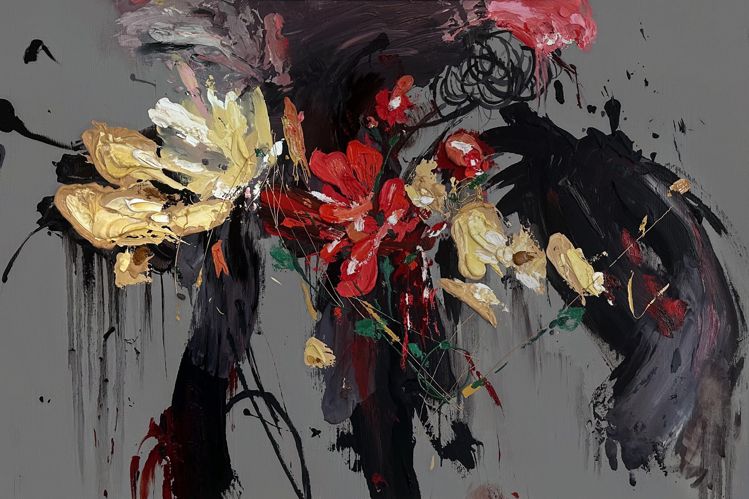 Regret rosée: red and pale yellow impasto against charcoal and grey gestural forms.